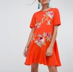 Asos Floral Embroidered Orange Dress